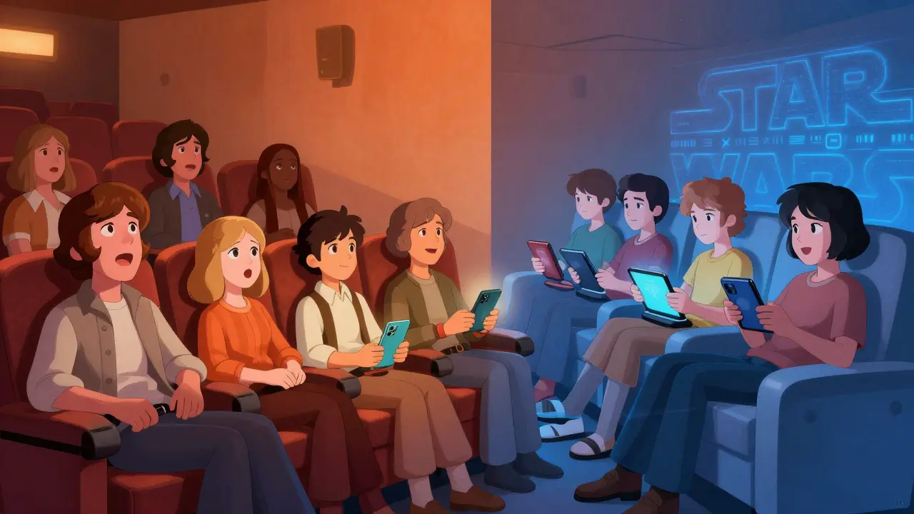 Famille des années 70 au cinéma vs famille moderne devant des écrans numériques.