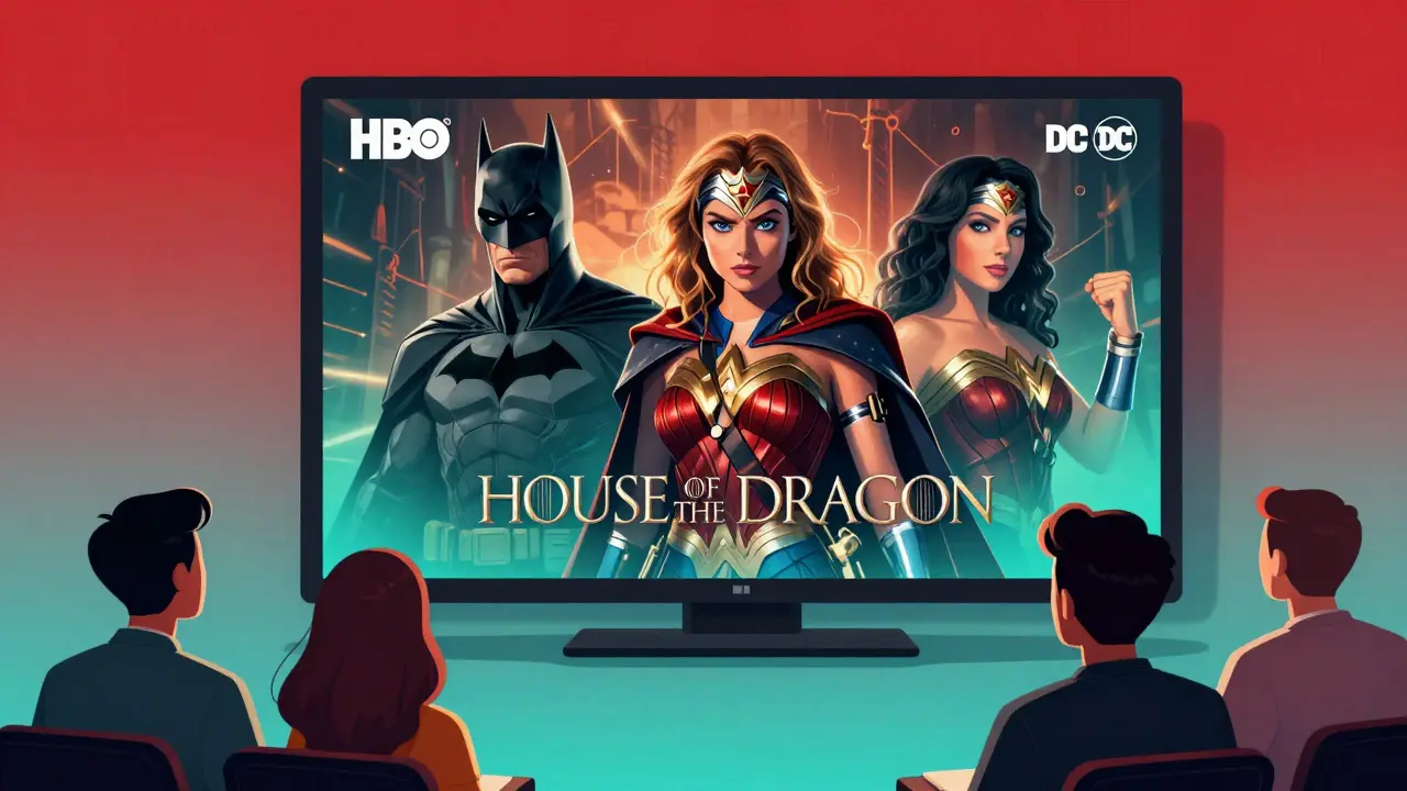 Fan regardant 'House of the Dragon' avec Batman et Wonder Woman, dégradé.