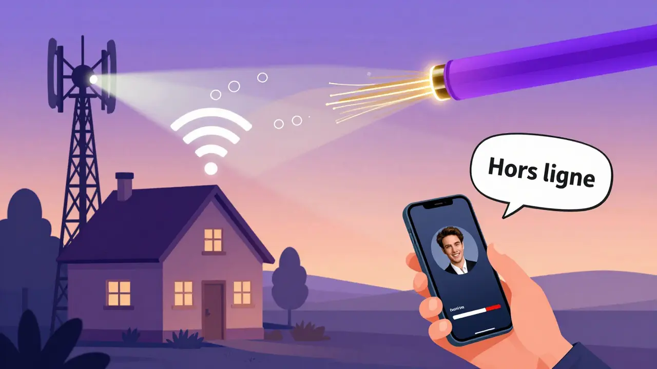 Maison rurale avec signal Wi-Fi faible, contrastée avec un pylône 5G et un téléchargement hors ligne sur un téléphone.