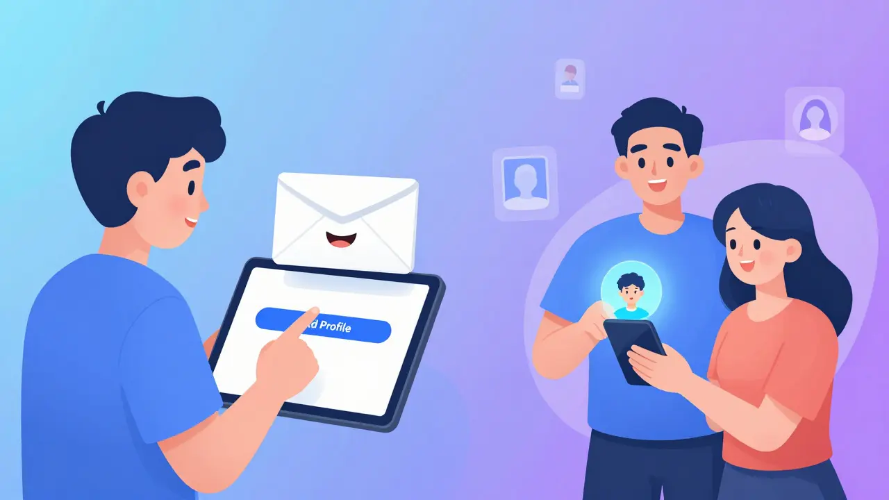 Parent ajoutant un membre à un groupe familial via une invitation numérique flottante.