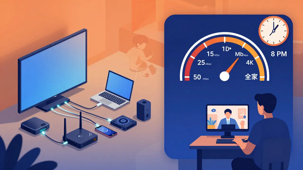 Schéma d'un réseau domestique avec plusieurs appareils connectés et un jauge de débit montrant les besoins en bande passante.