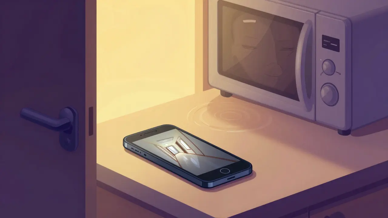 Smartphone sur un plan de travail affichant une caméra de sécurité, une poignée de porte qui tourne sans être vue.