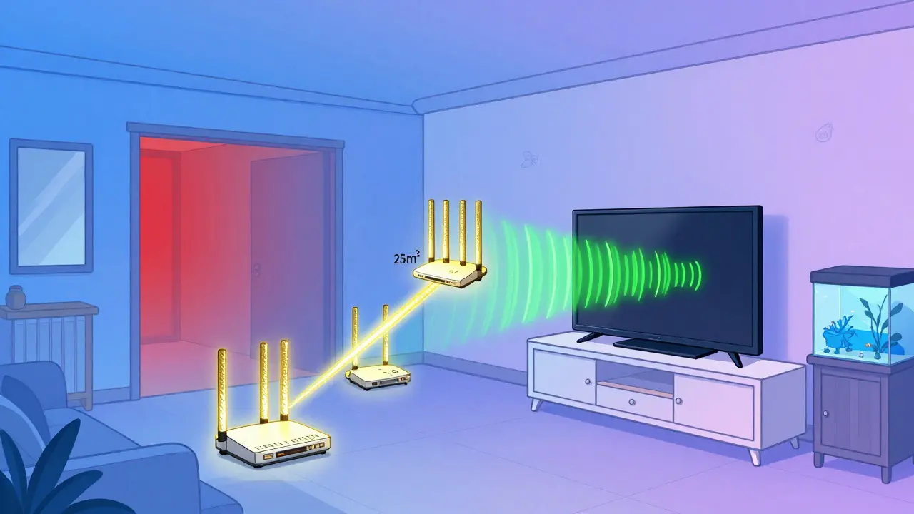 Système maillé WiFi avec trois unités connectées, assurant un signal fort dans tout le salon.