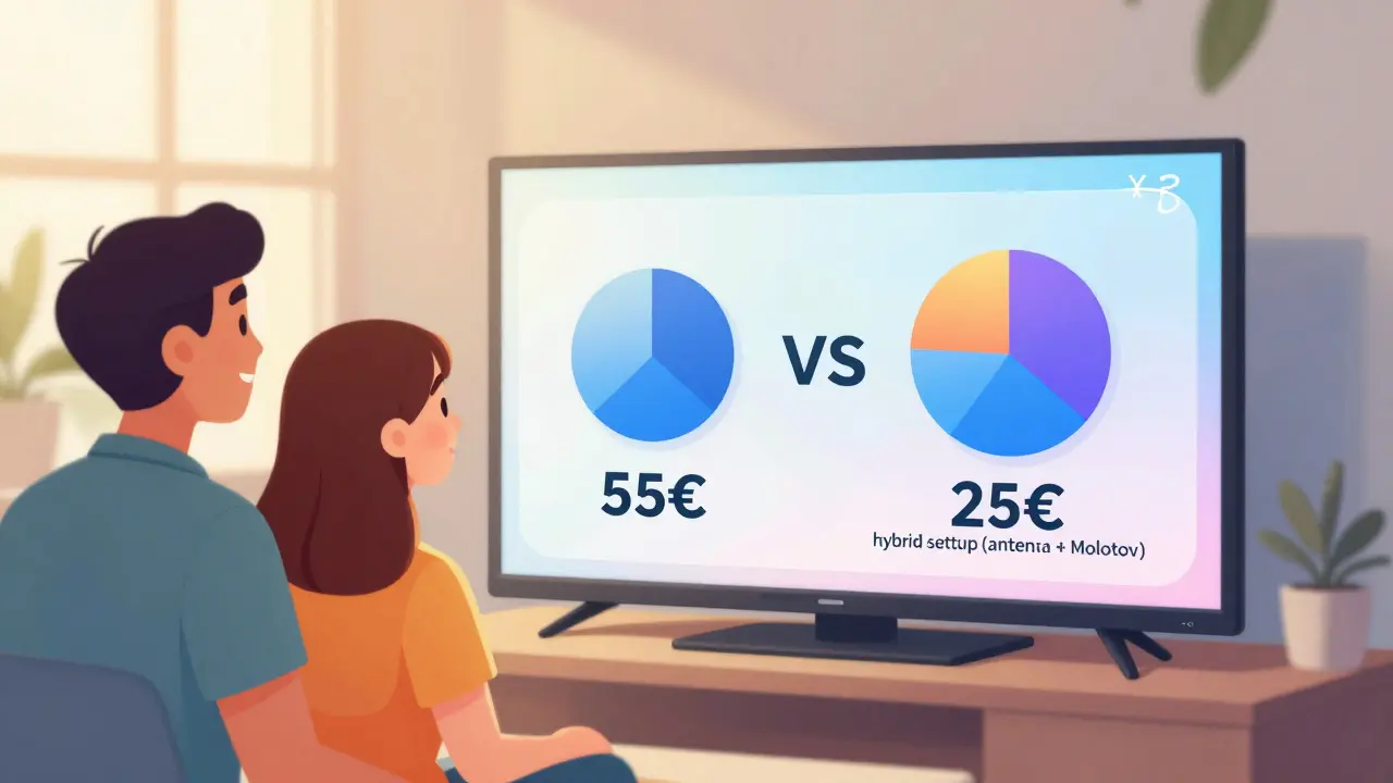 Télévision affichant un journal local avec un overlay montrant une réduction de coût de l'abonnement câble.