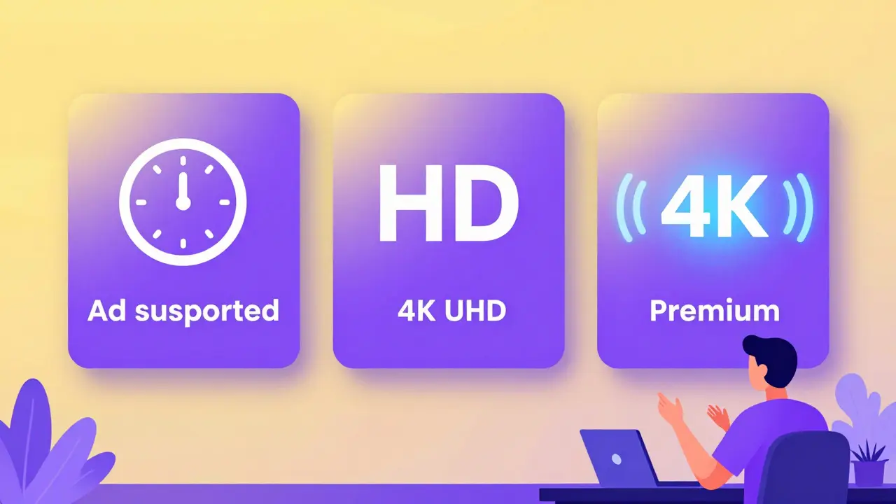 Trois écrans abonnements Max : horloge pubs, HD, 4K ondes sonores, dégradé.