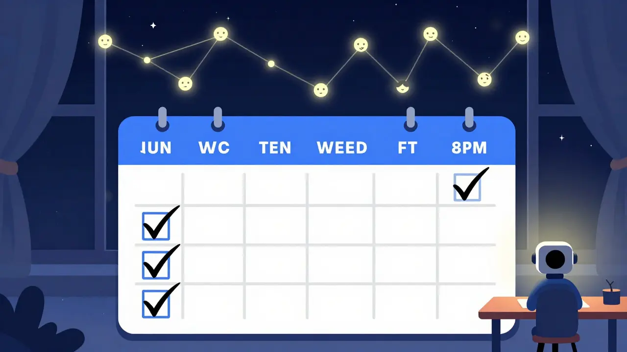 Un calendrier hebdomadaire marqué par des coches, avec des visages lumineux apparaissant dans le ciel nocturne au fur et à mesure des streams réguliers.