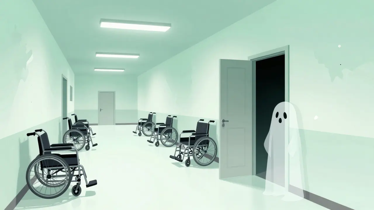 Un couloir d'asile abandonné avec des fauteuils roulants vides et une lumière vacillante.