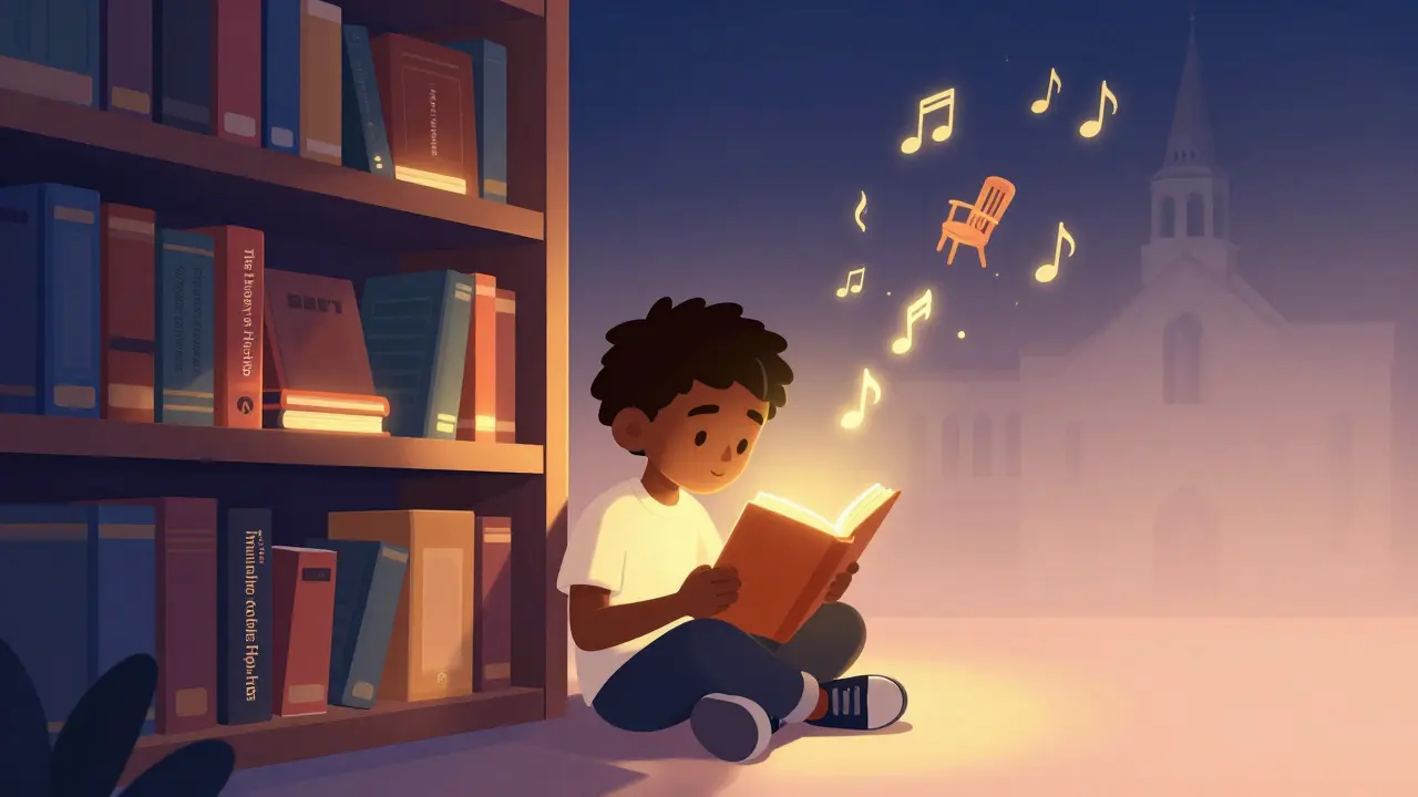 Un étudiant découvrant des documentaires BET, entouré de symboles culturels afro-américains flottants dans une bibliothèque magique.