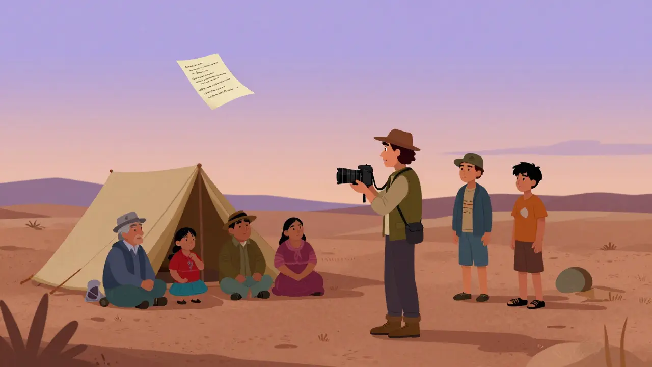Un réalisateur et des acteurs non-professionnels dans un camp désertique, sous un ciel crépusculaire, avec des sous-titres flottants.