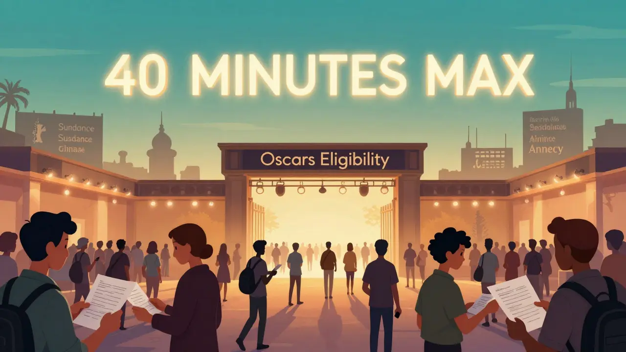 Un rouleau de film flottant au-dessus d'un hall de festival avec des portes vers les Oscars.