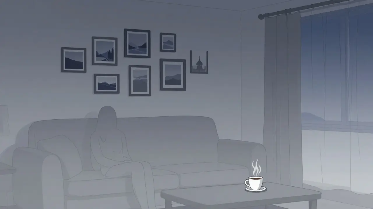 Un salon parfaitement rangé, vide, avec une tasse de café encore chaude et personne en vue.