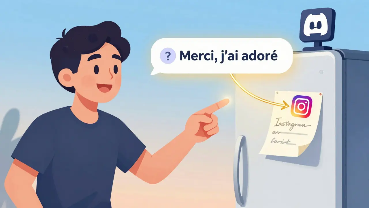 Un streamer en Alsace interagissant avec un commentaire, relié par un fil doré à Discord, Instagram et une note manuscrite sur un réfrigérateur.