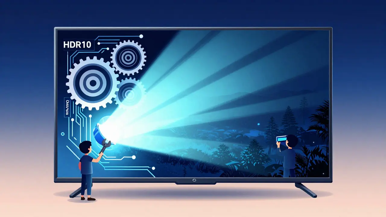 Un téléviseur HDR avec des mécanismes internes qui transforment une image sombre en une scène lumineuse et détaillée.
