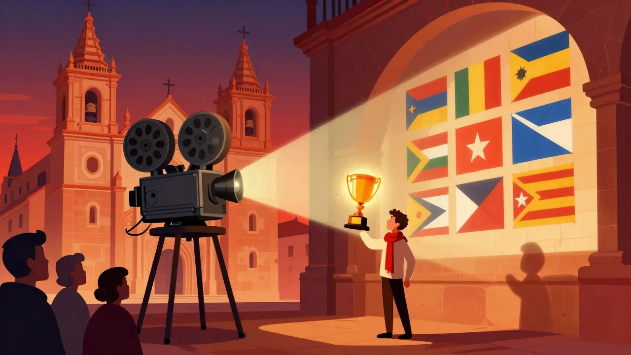 Un trophée Goya illuminé sous une cathédrale espagnole, avec des drapeaux régionaux projetés en lumière.