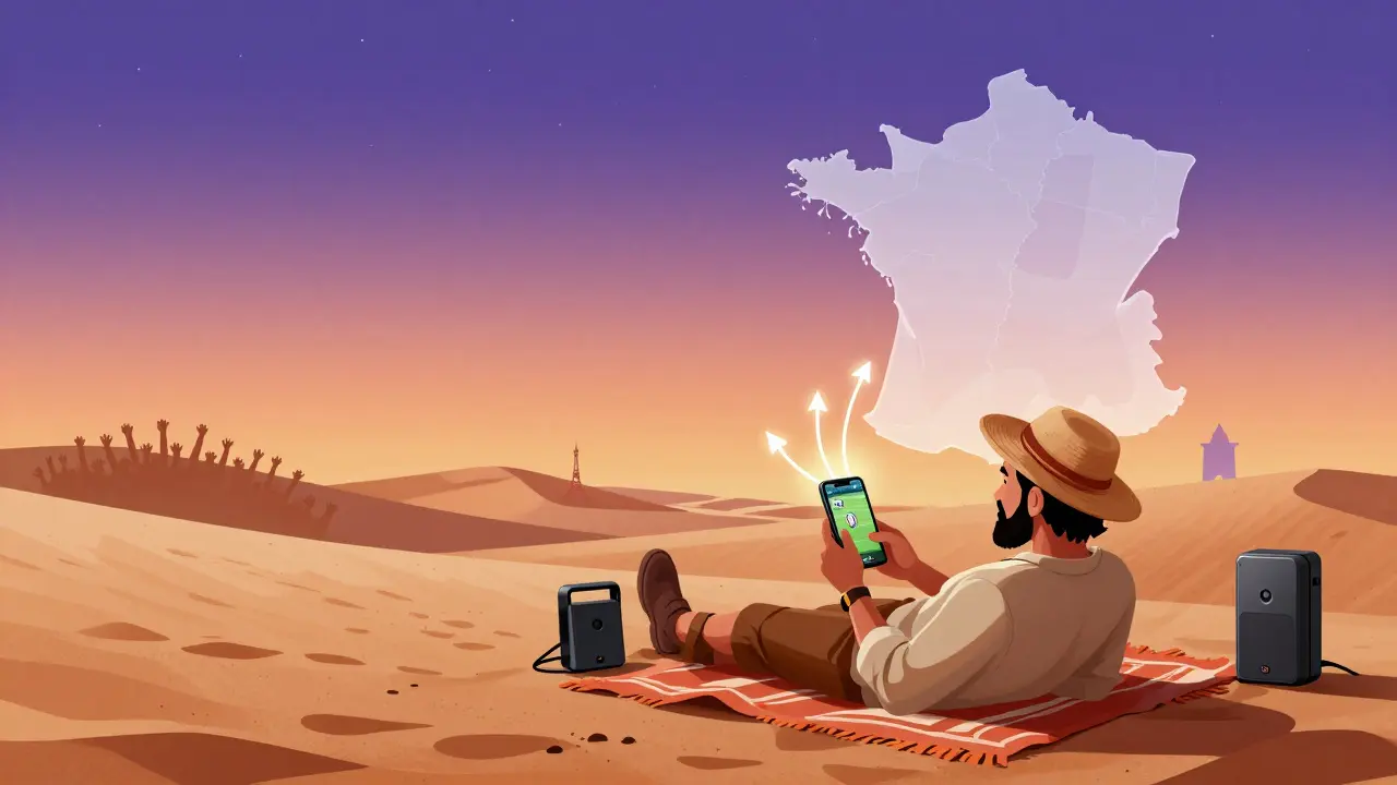 Un voyageur suit un match de rugby dans le désert marocain, connecté à un serveur français via un hotspot.