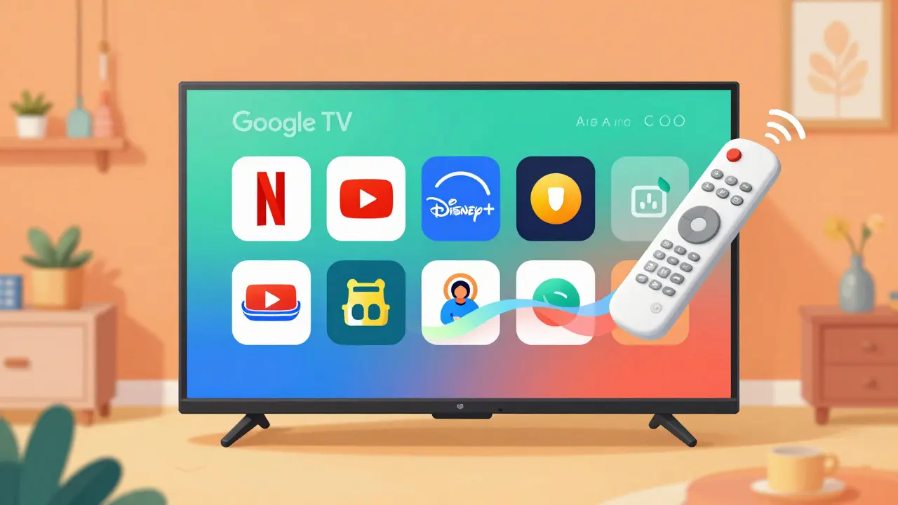 Une interface Google TV affichant des applications et des recommandations personnalisées sur un téléviseur.