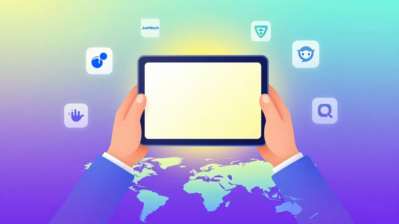 Une personne vérifiant la disponibilité d'un titre avec JustWatch sur une carte mondiale.