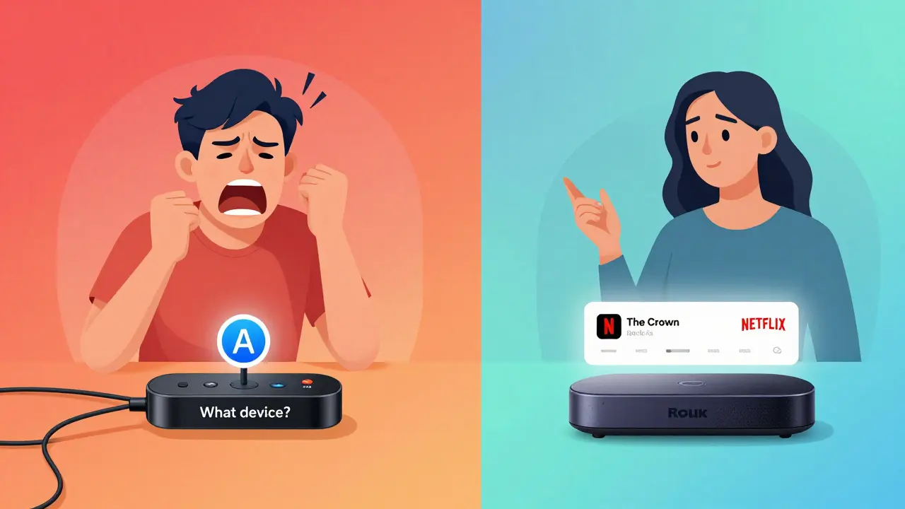 Comparaison visuelle entre un utilisateur frustré avec Alexa et un autre satisfait avec Roku, dans un style de dégradé doux.