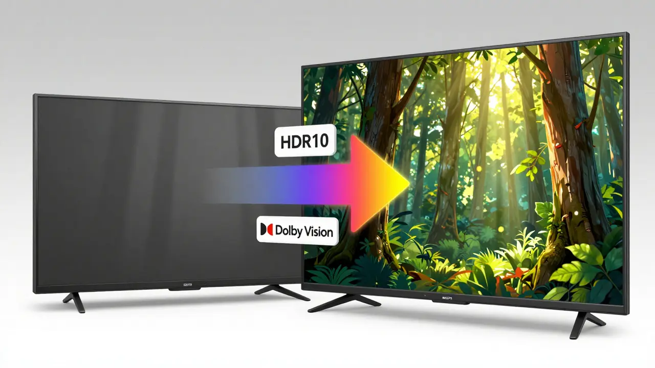 Comparaison visuelle entre une image SDR terne et une image HDR vivante, séparées par une flèche colorée.