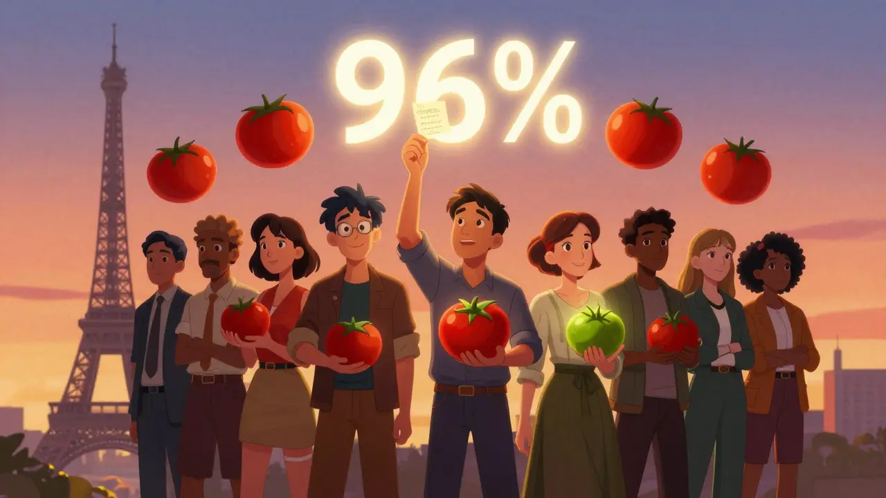 Des critiques du monde entier offrent des tomates rouges et vertes sous un pourcentage lumineux de fraîcheur.