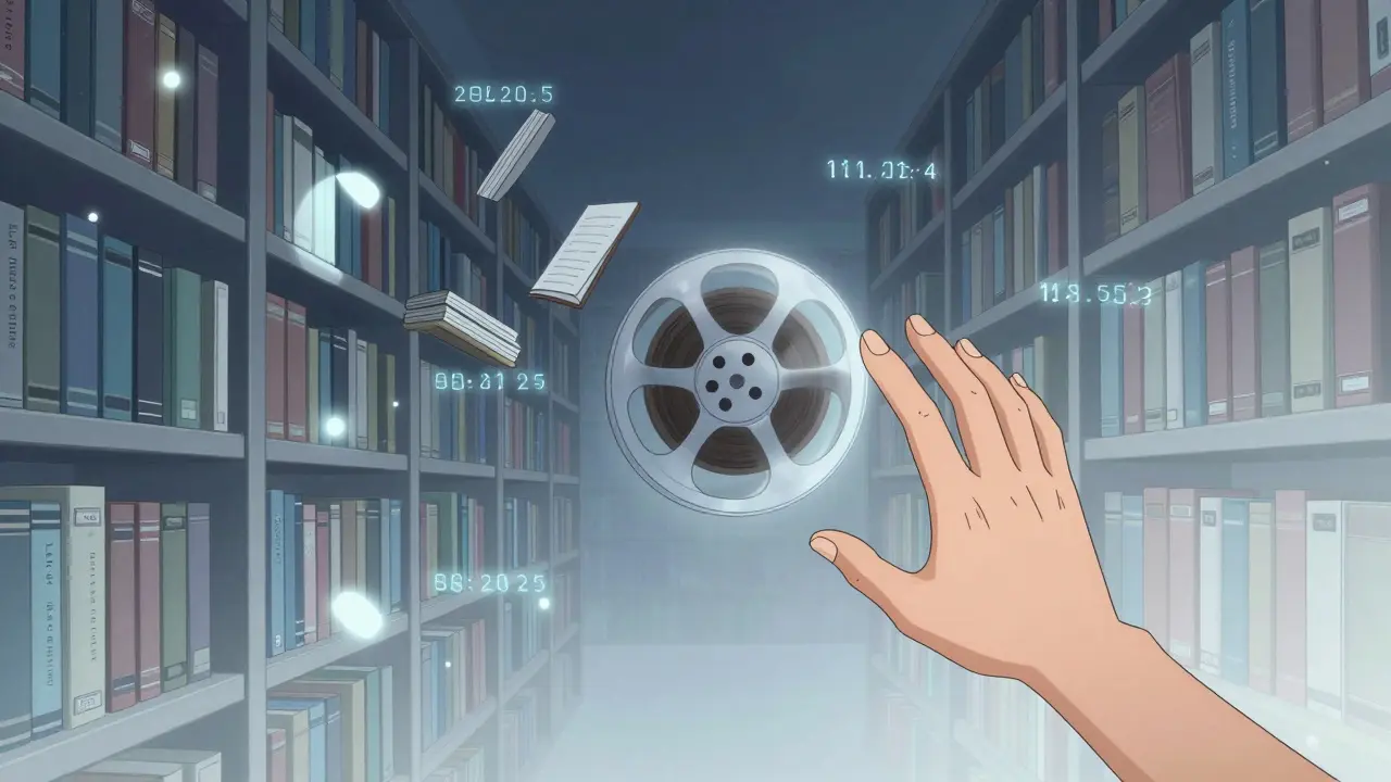 Des films s'effacent d'une bibliothèque numérique flottante sous des dégradés de bleu et gris.