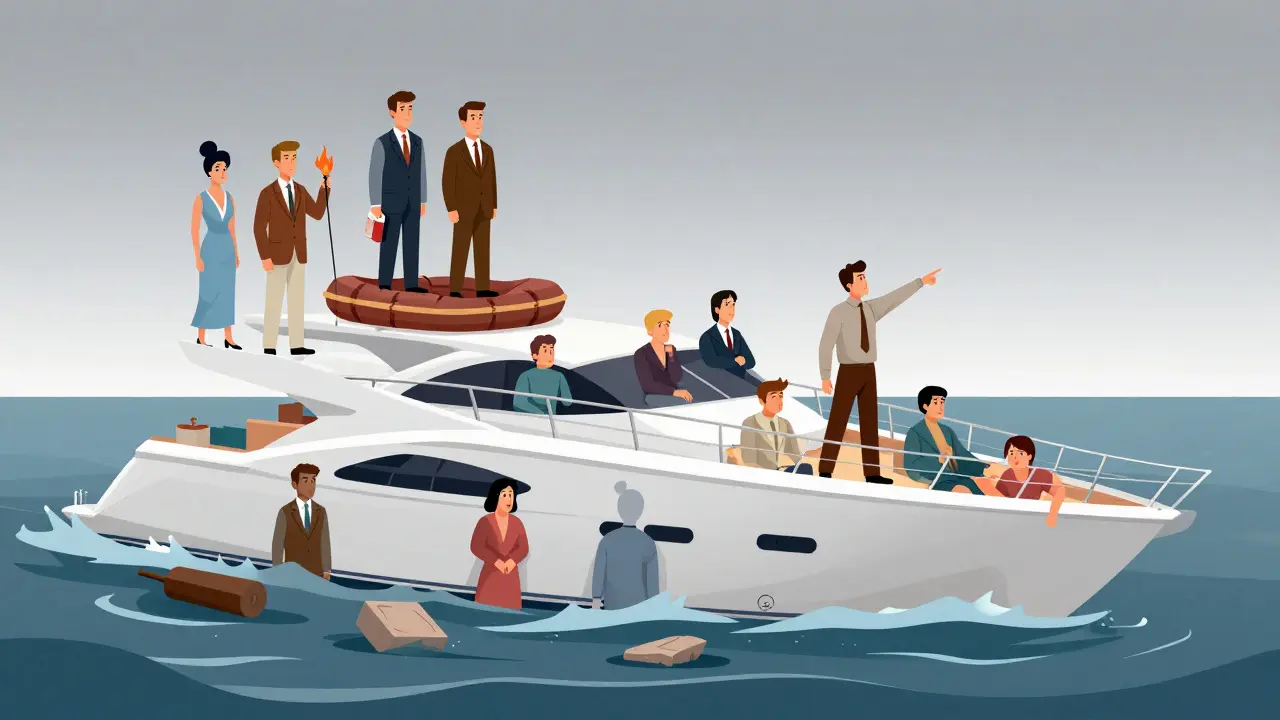 Des passagers riches désespérés sur un yacht renversé, tandis que l'équipage reste calme sur un radeau.