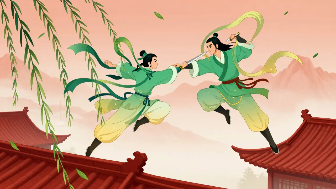 Deux combattants en vol entre toits rouges, soies et feuilles suspendues dans l'air.