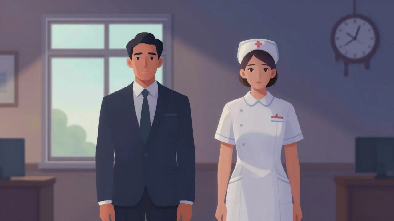 Deux personnages identiques mais vêtus différemment, dans une pièce qui se déforme avec des dégradés doux.