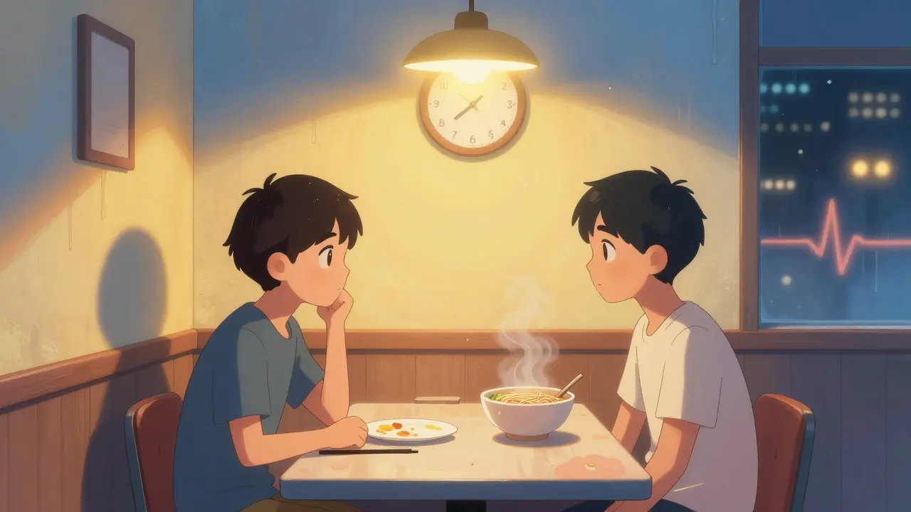 Deux personnes silencieuses à une table, séparées par la nourriture et la lumière vacillante, dans une ambiance émotionnelle de désir non exprimé.