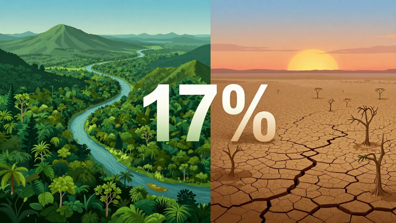 Deux vues satellite côte à côte de l'Amazonie : vert luxuriant et brun désolé, avec un chiffre flottant entre elles.