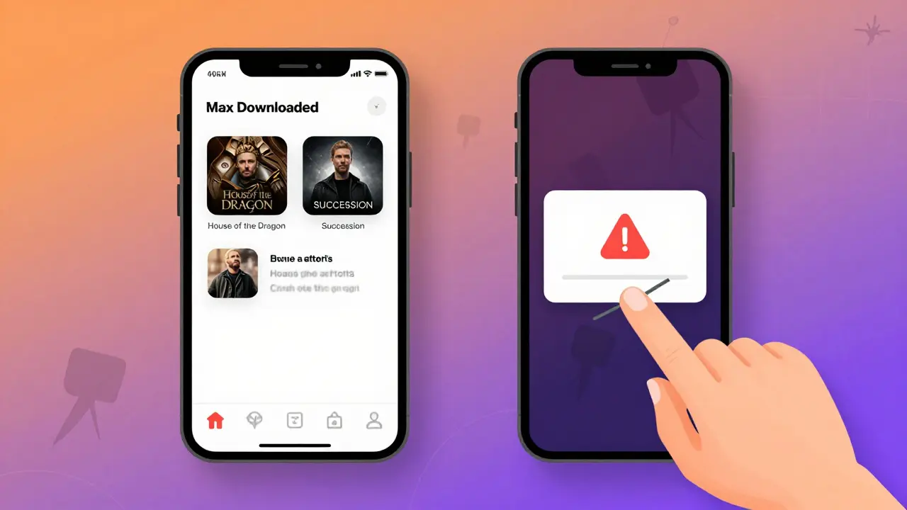 Écran de téléphone affichant une bibliothèque de contenus téléchargés et une alerte d'espace insuffisant.
