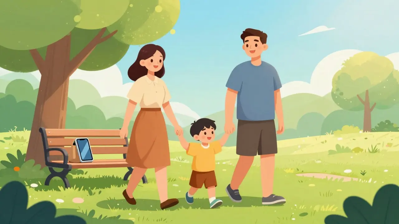 Famille promenant sans téléphones dans un parc ensoleillé.