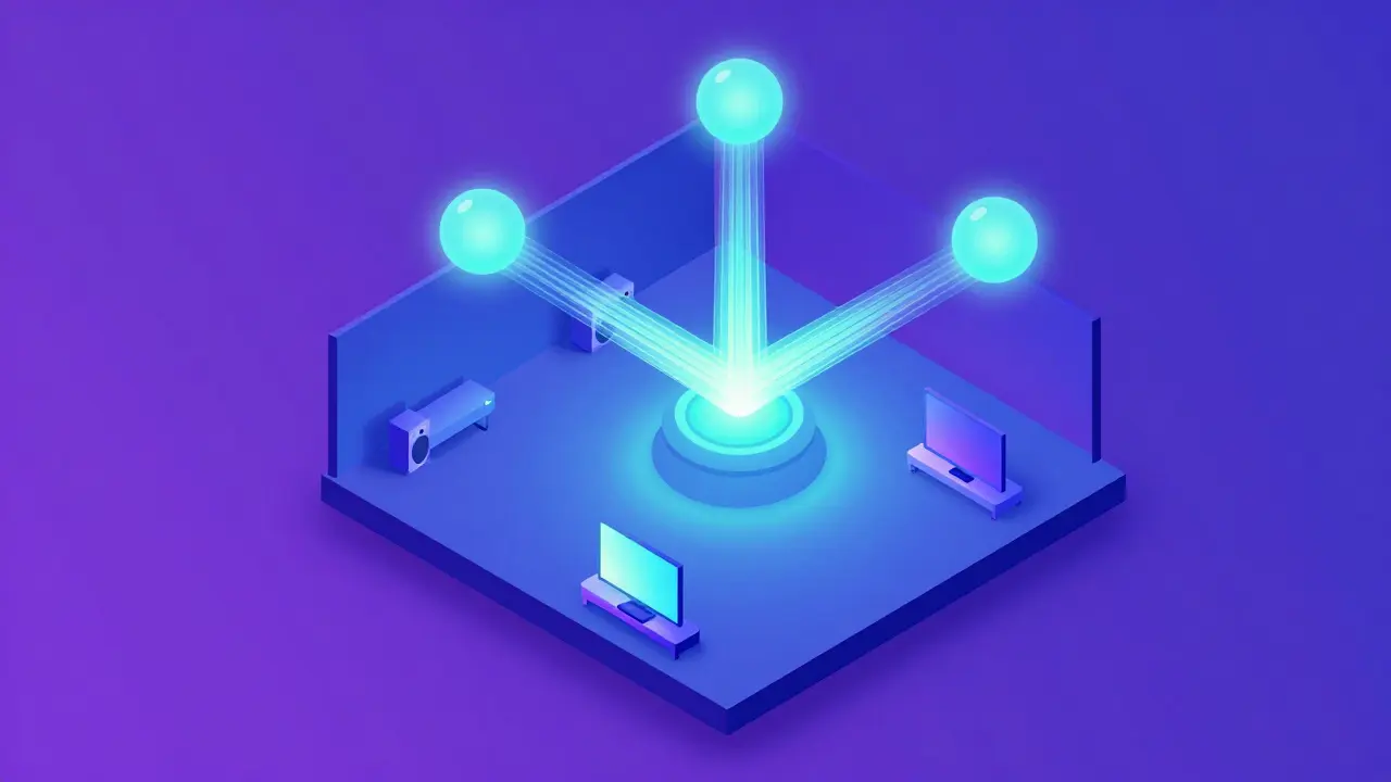 Illustration d'un réseau maillé couvrant toute la maison avec des nœuds lumineux connectés