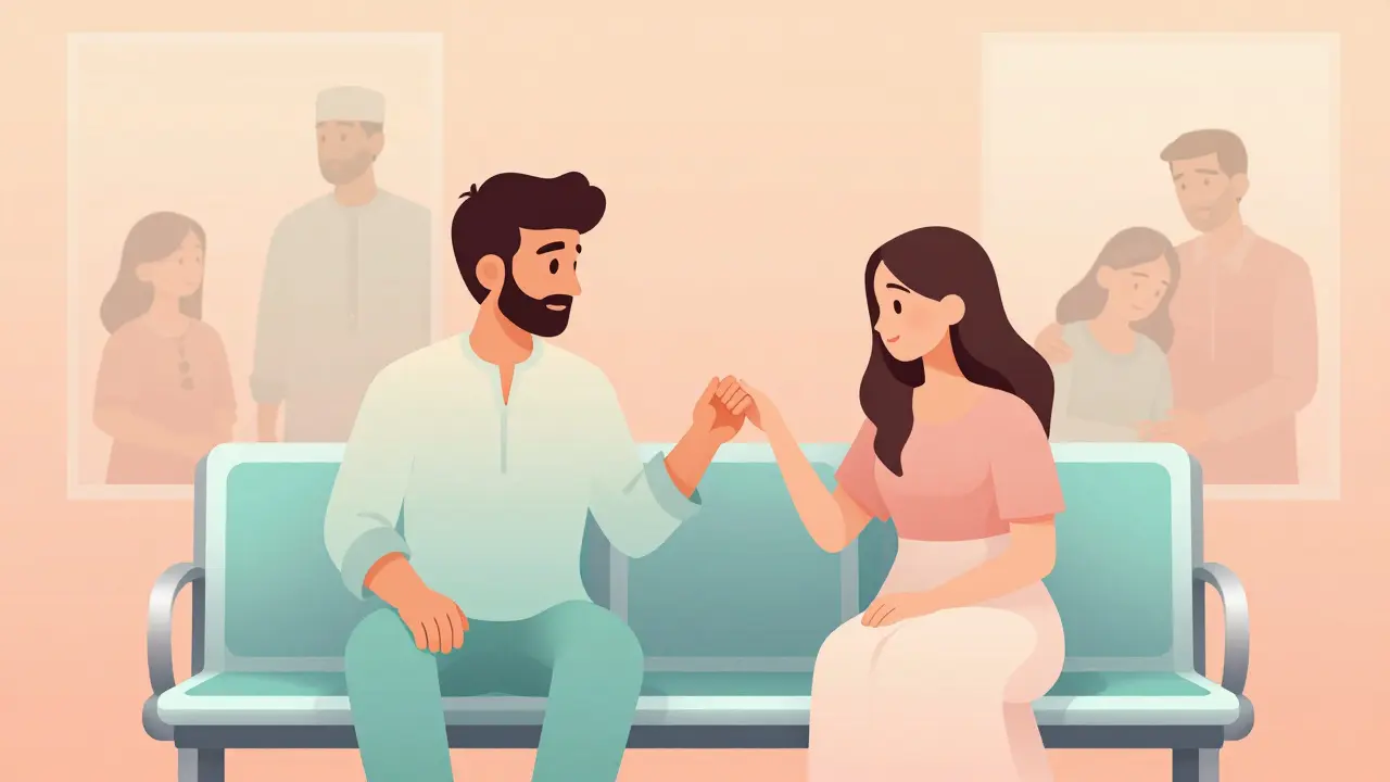 Kumail et Emily sur un banc d'hôpital au petit matin, mains presque jointes, familles floues en arrière-plan, dégradés pêche et vert pastel.