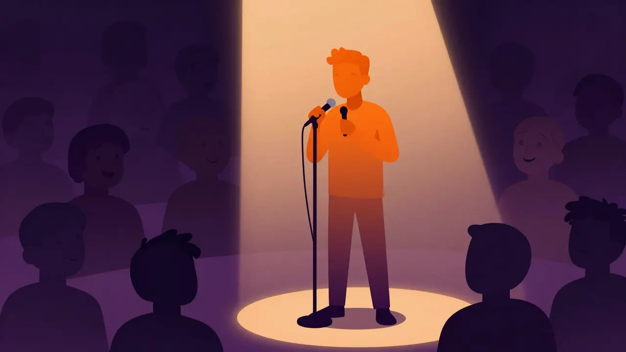 Kumail sur scène de stand-up, silhouetté sous un spot, public flou en arrière-plan, dégradés orangés et pourpres.