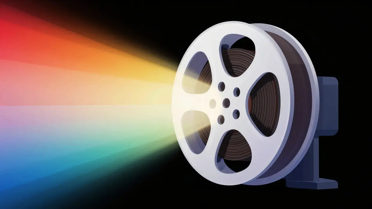 Lumière cinématographique colorée sortant d'un objectif contre un fond noir illustré.