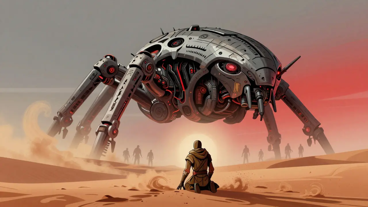 Machine Harkonnen flottant au-dessus du désert, guerrier Fremen à genoux, ciel rouge et gris.