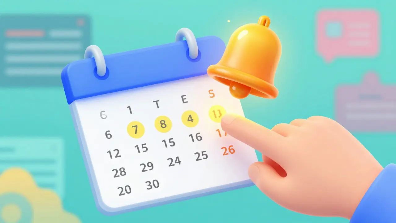 Main configurant un rappel sur un calendrier numérique avec une cloche