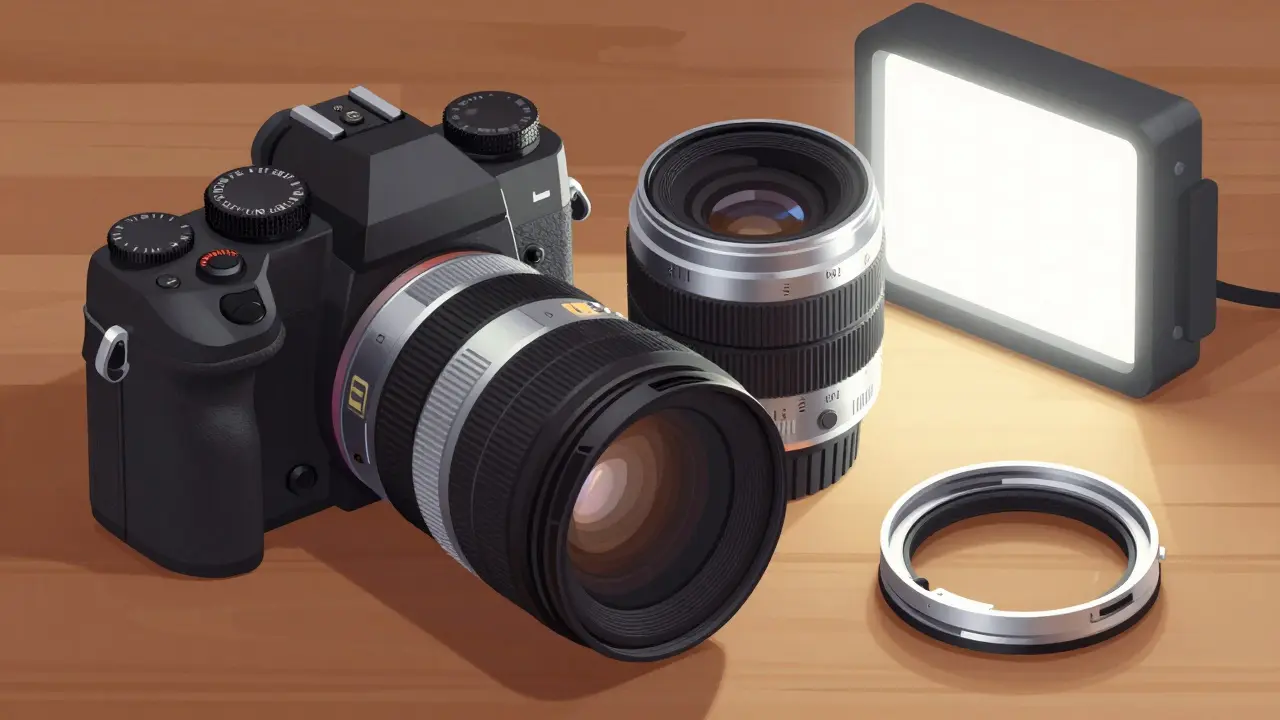 Matériel de cinéma hybride et objectifs vintage disposés sur une table en bois