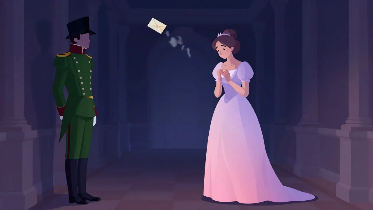 Napoléon et Joséphine dans un couloir sombre, elle tremblante, lui s'éloignant en ombre.