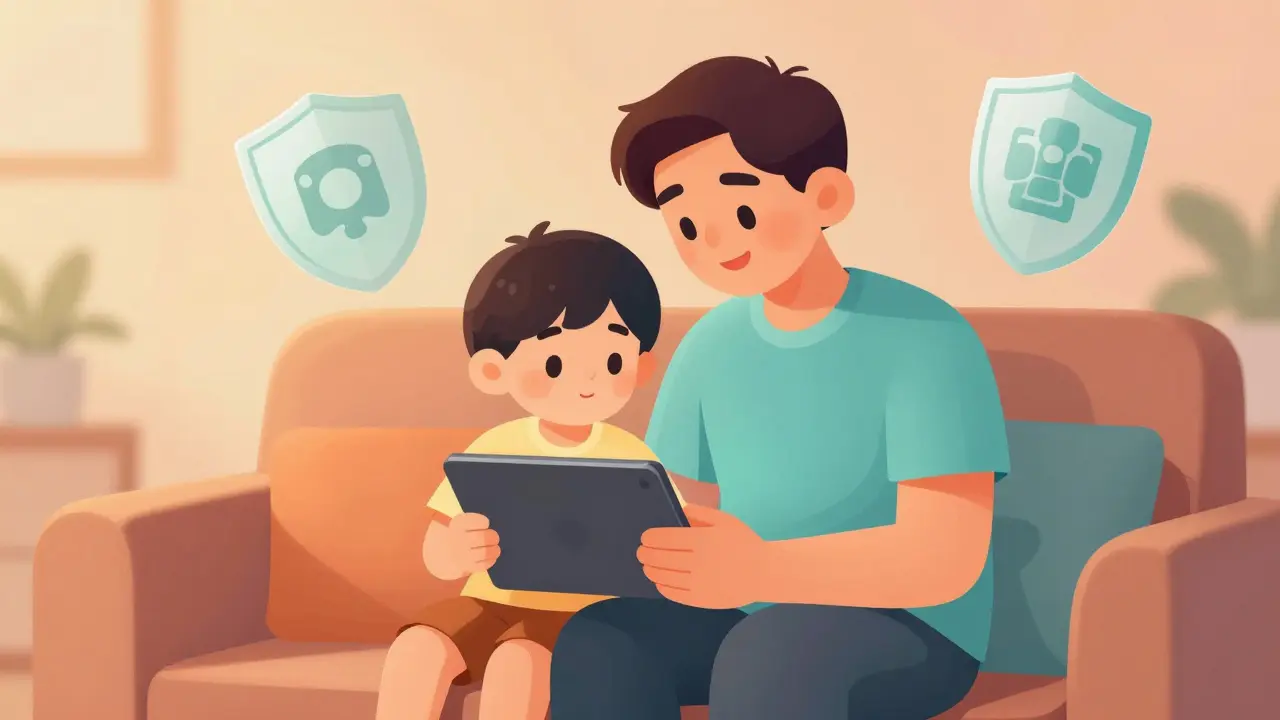 Parent et enfant regardent un écran ensemble dans le salon.