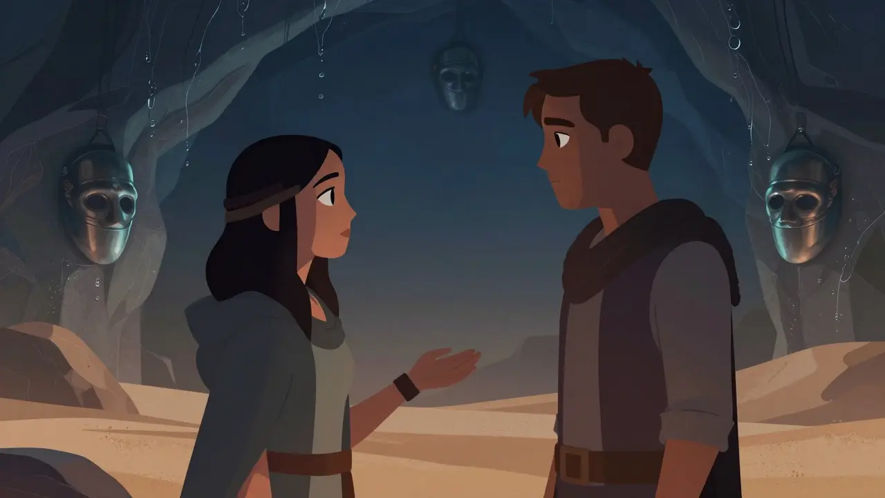 Paul et Chani dans une grotte, se regardant en silence, lumières douces et masques d'eau sur le mur.