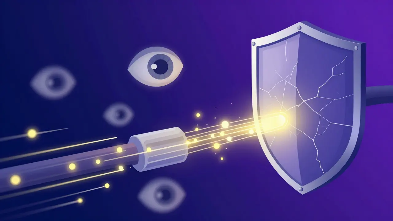 Surveillance des données avec yeux numériques et bouclier de protection fissuré.