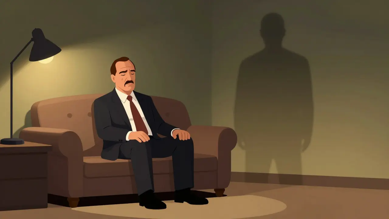 Tony Soprano en thérapie, son ombre se transforme en parrain de la mafia dans une pièce aux dégradés sombres.