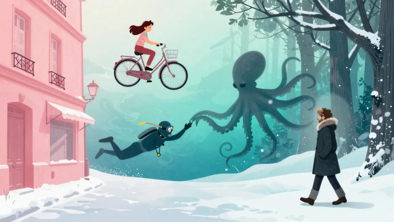 Trois films célèbres représentés symboliquement dans un paysage onirique aux dégradés pastel : Amélie, une pieuvre et une forêt historique.