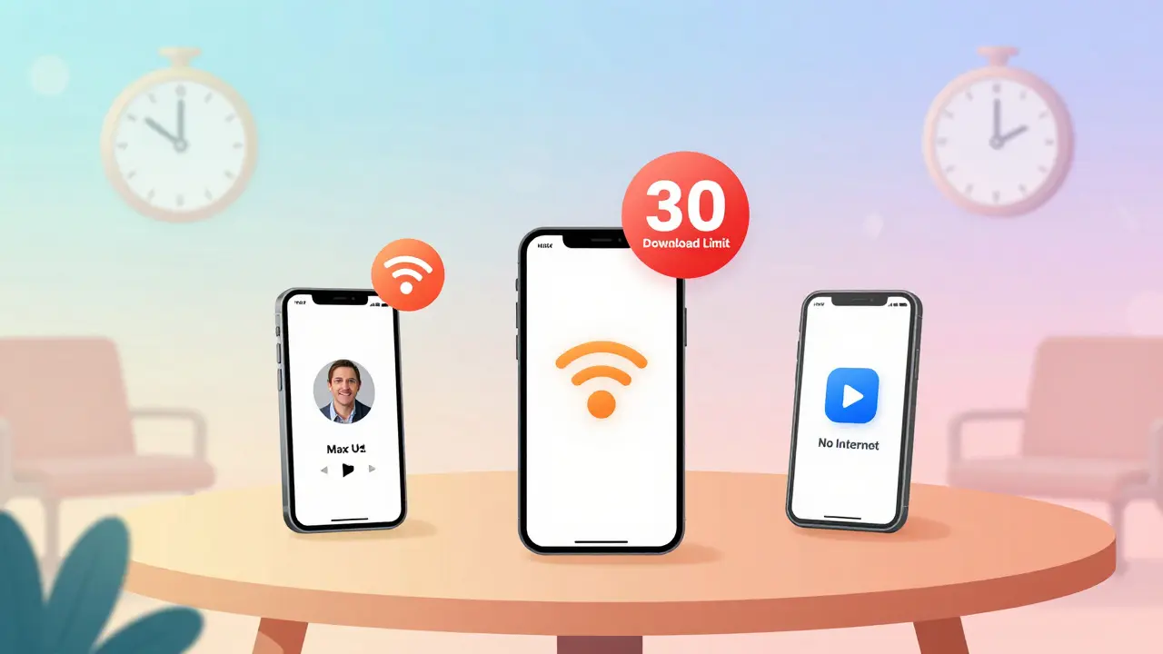 Trois téléphones affichent des téléchargements Max avec un compteur de limite de 30 téléchargements.