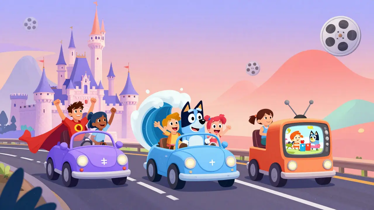 Trois véhicules en forme de services de streaming transportent des enfants vers des univers d'animation différents dans un paysage onirique.