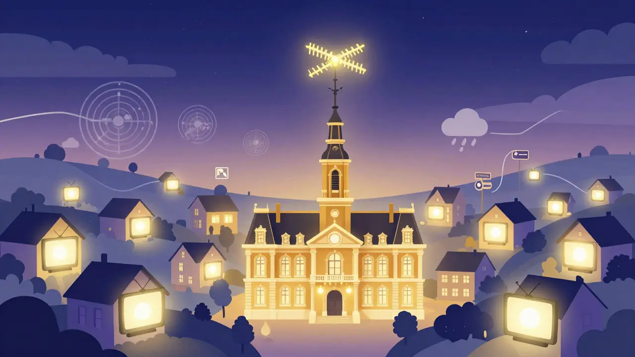 Un antenne numérique émet des ondes de données locales vers des maisons dans un paysage français, sous un ciel crépusculaire aux dégradés doux.