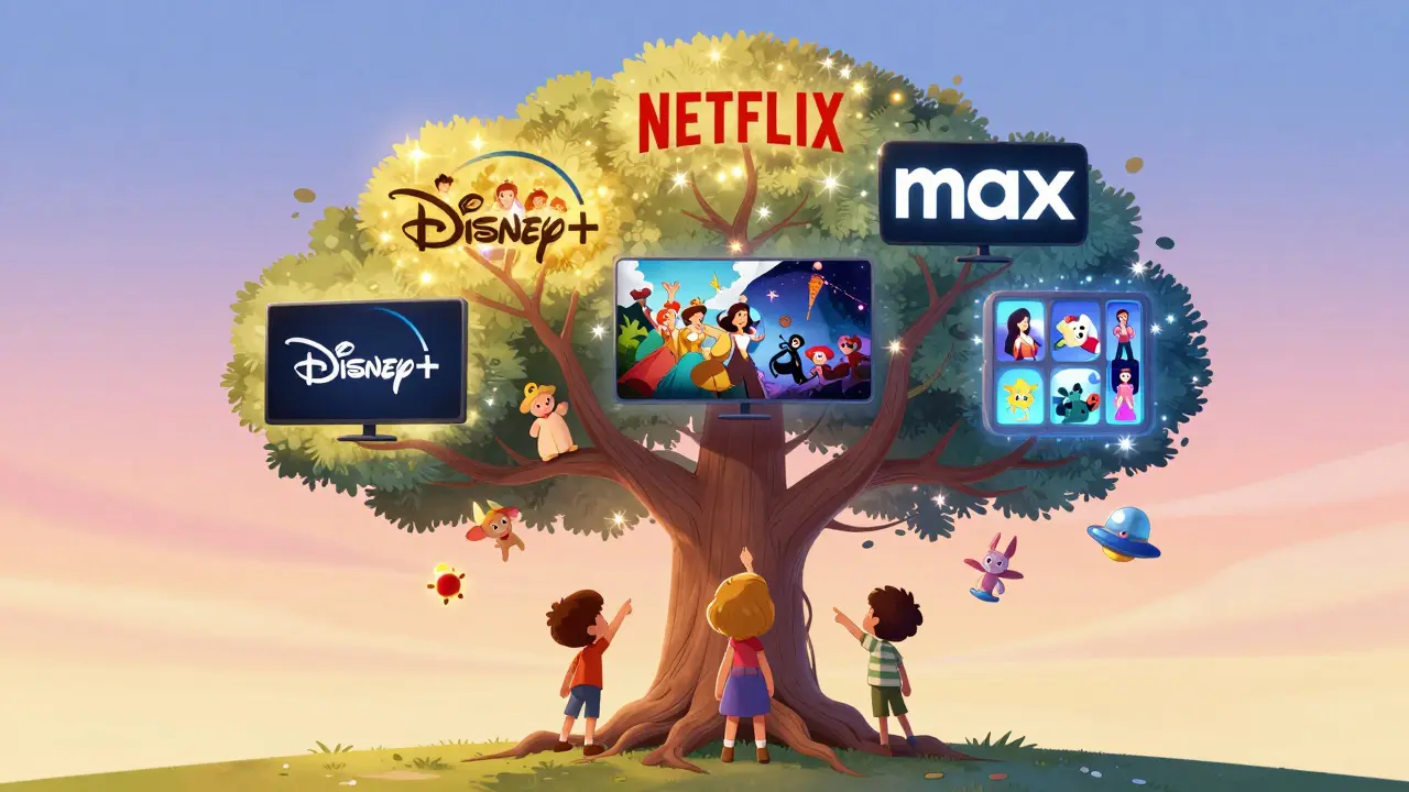 Un arbre familier aux branches représentant Disney+, Netflix et Max, avec des enfants choisissant leurs contenus préférés en arrière-plan dégradé.