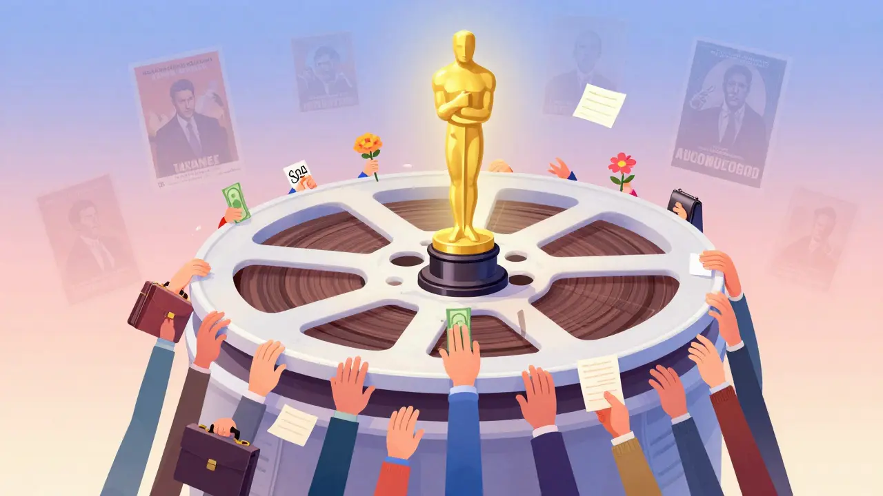Un bulletin de vote en forme de bobine de film est poussé par des mains variées — certaines avec de l'argent, d'autres avec des lettres — vers un Oscar brillant au centre.